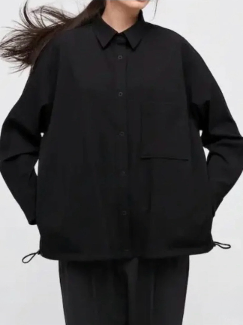 TheoryXUniqlo Black Oversized Nylon Cotton Bungee Snap Button-Front Jacket M